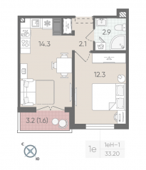 ЖК «Цветной город», планировка 1-комнатной квартиры, 33.20 м²