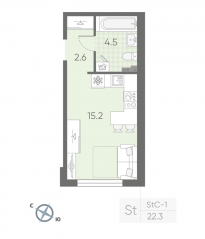 МЖК «Пулково Lake», планировка студии, 22.30 м²