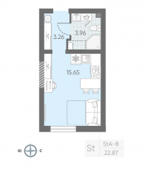 ЖК «Морская миля», планировка студии, 22.58 м²