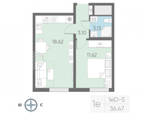 ЖК «Морская миля», планировка 1-комнатной квартиры, 36.47 м²