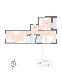 ЖК «Цивилизация на Неве», планировка 2-комнатной квартиры, 61.19 м²