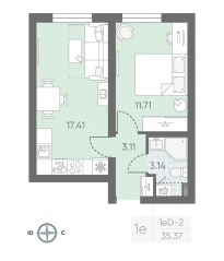 ЖК «Морская миля», планировка 1-комнатной квартиры, 35.48 м²