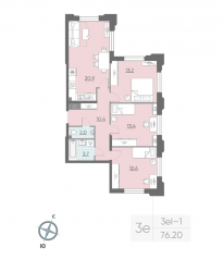 ЖК «Цивилизация на Неве», планировка 3-комнатной квартиры, 75.20 м²