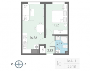 ЖК «Морская миля», планировка 1-комнатной квартиры, 35.18 м²