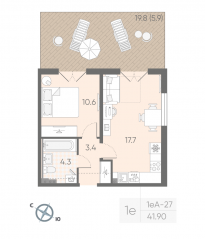 МЖК «Пулково Lake», планировка 1-комнатной квартиры, 41.90 м²