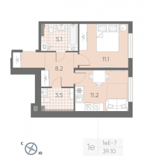 МЖК «Пулково Lake», планировка 1-комнатной квартиры, 39.10 м²