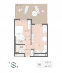 МЖК «Пулково Lake», планировка 1-комнатной квартиры, 44.70 м²