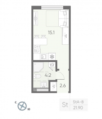 МЖК «Пулково Lake», планировка студии, 21.90 м²