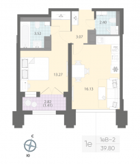 ЖК «Цивилизация на Неве», планировка 1-комнатной квартиры, 39.80 м²