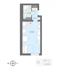 ЖК «Морская миля», планировка студии, 26.72 м²