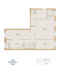 ЖК «Neva Haus», планировка 3-комнатной квартиры, 142.90 м²