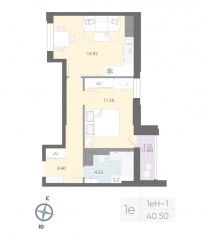 ЖК «Цивилизация на Неве», планировка 1-комнатной квартиры, 40.50 м²