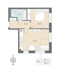ЖК «ЛСР. Большая Охта», планировка 1-комнатной квартиры, 38.30 м²