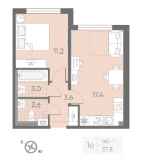 МЖК «Пулково Lake», планировка 1-комнатной квартиры, 37.80 м²