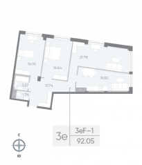 ЖК «Neva Residence», планировка 3-комнатной квартиры, 92.20 м²