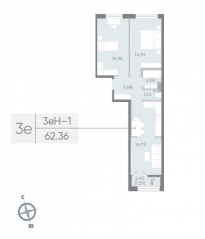 ЖК «Neva Residence», планировка 2-комнатной квартиры, 62.30 м²