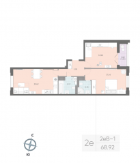 ЖК «Цивилизация на Неве», планировка 2-комнатной квартиры, 68.92 м²
