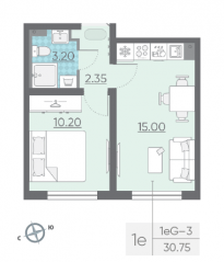 ЖК «Ручьи», планировка 1-комнатной квартиры, 30.50 м²
