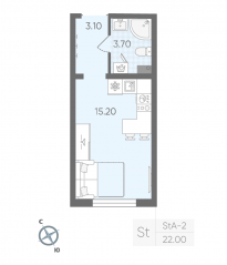 ЖК «Ручьи», планировка студии, 22.00 м²