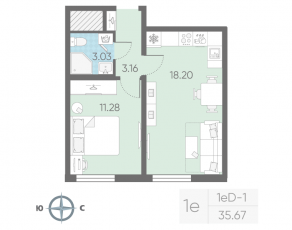 ЖК «Морская миля», планировка 1-комнатной квартиры, 35.67 м²