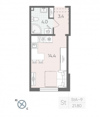 ЖК «Цветной город», планировка студии, 21.80 м²