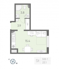 МЖК «Пулково Lake», планировка студии, 23.10 м²