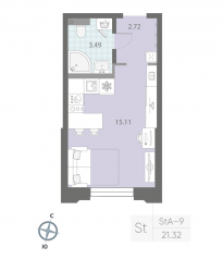 ЖК «Цивилизация на Неве», планировка студии, 21.32 м²