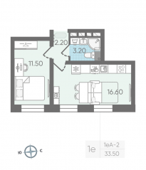 ЖК «ЛСР. Ржевский парк», планировка 1-комнатной квартиры, 33.50 м²