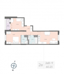 ЖК «Цивилизация на Неве», планировка 2-комнатной квартиры, 60.23 м²