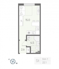 МЖК «Пулково Lake», планировка студии, 22.10 м²