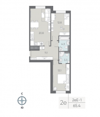ЖК «ЛСР. Большая Охта», планировка 2-комнатной квартиры, 65.40 м²