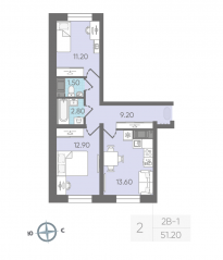 ЖК «ЛСР. Ржевский парк», планировка 2-комнатной квартиры, 51.20 м²