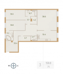 ЖК «Neva Haus», планировка 3-комнатной квартиры, 158.80 м²