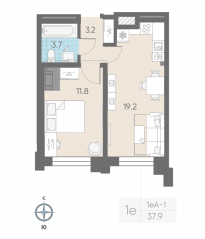 ЖК «ЛСР. Измайловский», планировка 1-комнатной квартиры, 37.90 м²