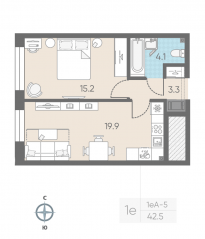ЖК «ЛСР. Измайловский», планировка 1-комнатной квартиры, 42.50 м²