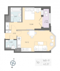 ЖК «Цивилизация на Неве», планировка 1-комнатной квартиры, 43.37 м²
