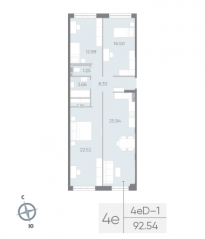 ЖК «Neva Residence», планировка 3-комнатной квартиры, 93.70 м²