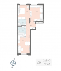 ЖК «Цивилизация на Неве», планировка 2-комнатной квартиры, 62.43 м²
