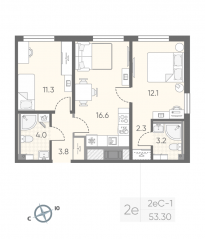 ЖК «Октябрьская набережная», планировка 2-комнатной квартиры, 53.30 м²