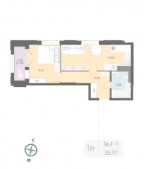 ЖК «Цивилизация на Неве», планировка 1-комнатной квартиры, 35.91 м²
