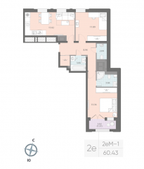 ЖК «Цивилизация на Неве», планировка 2-комнатной квартиры, 60.43 м²