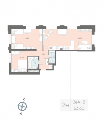 ЖК «Цивилизация на Неве», планировка 2-комнатной квартиры, 63.60 м²