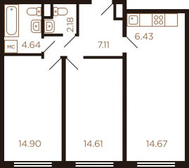 ЖК Миниполис «Рафинад», планировка 3-комнатной квартиры, 64.54 м²
