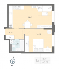 ЖК «Цивилизация на Неве», планировка 1-комнатной квартиры, 43.68 м²