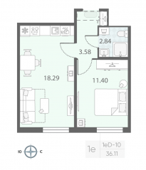 ЖК «Морская миля», планировка 1-комнатной квартиры, 36.11 м²