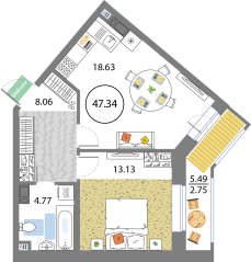 ЖК «Modum», планировка 1-комнатной квартиры, 47.34 м²