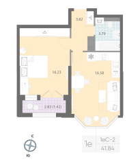 ЖК «Цивилизация на Неве», планировка 1-комнатной квартиры, 41.84 м²