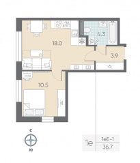 ЖК «ЛСР. Большая Охта», планировка 1-комнатной квартиры, 36.70 м²