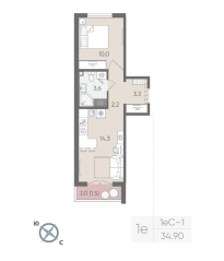 ЖК «Цветной город», планировка 1-комнатной квартиры, 34.90 м²