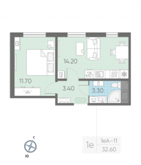 ЖК «ЛСР. Ржевский парк», планировка 1-комнатной квартиры, 32.60 м²